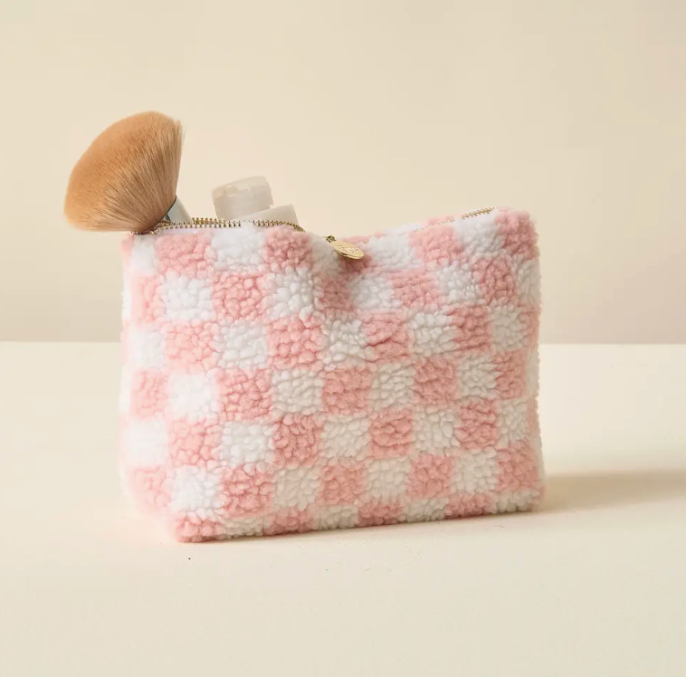 Checkered Pink Teddy Pouch