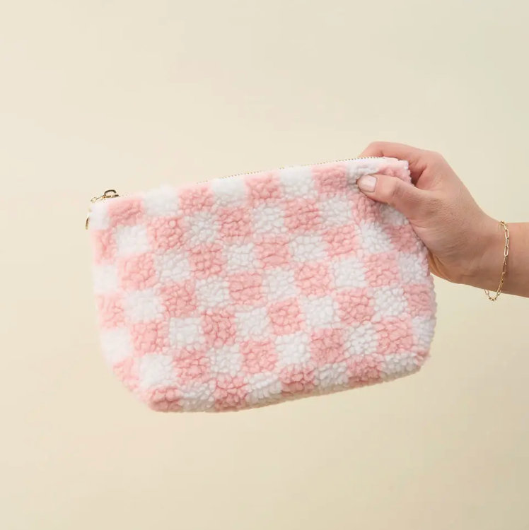 Checkered Pink Teddy Pouch