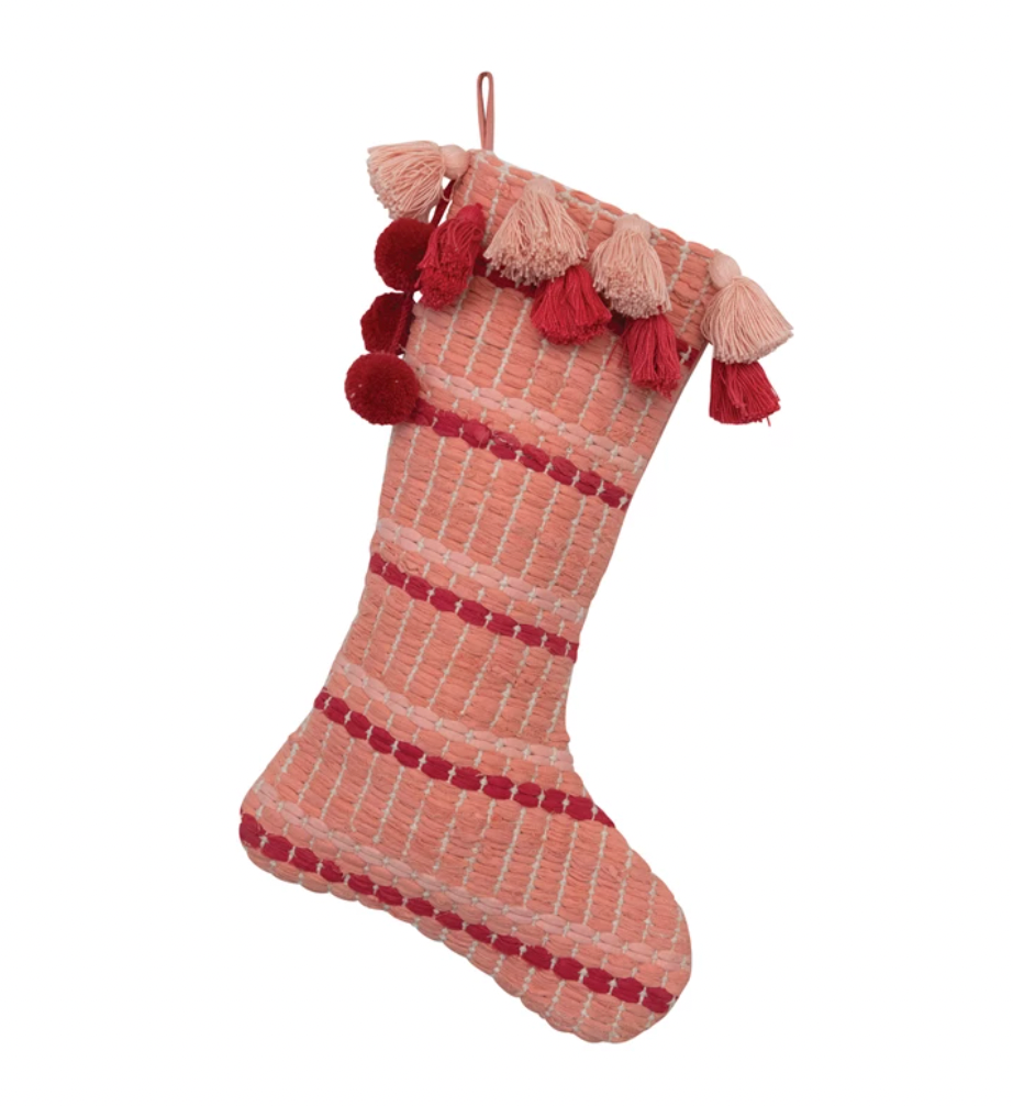 Red & Pink Woven Cotton Stocking with Tassels