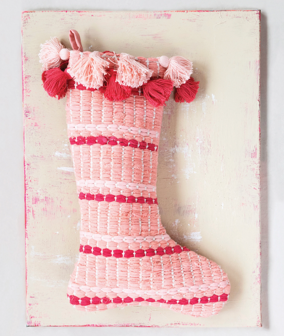 Red & Pink Woven Cotton Stocking with Tassels