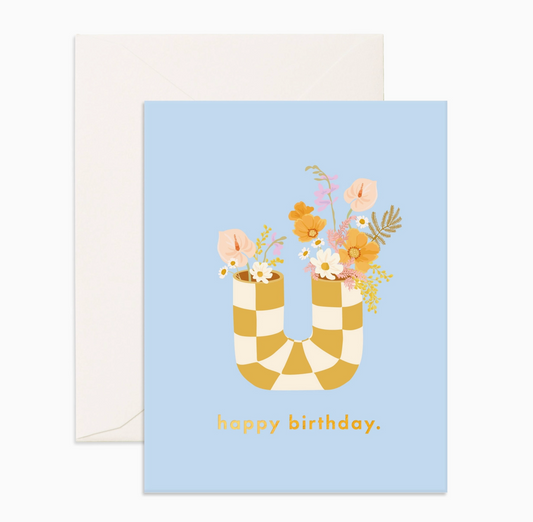 Birthday Yellow Check Vase Greeting Card