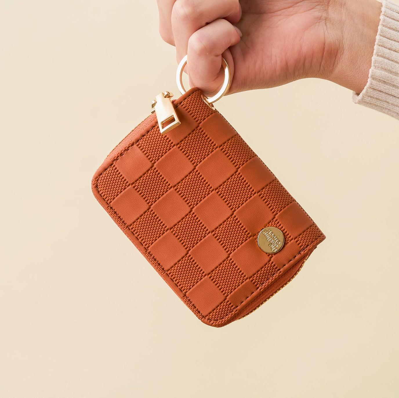 Cognac Checkered Zip Around Wallet