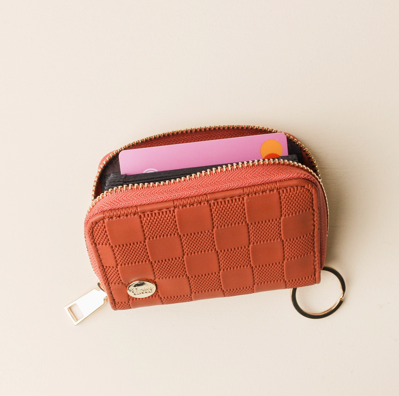 Cognac Checkered Zip Around Wallet