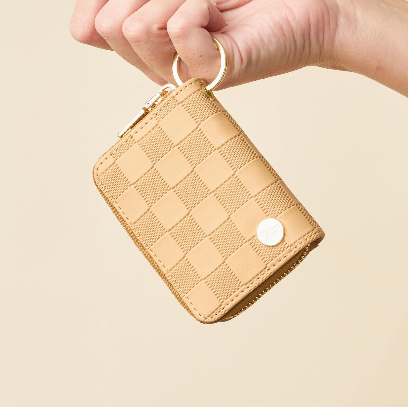 Tan Checkered Zip Around Wallet