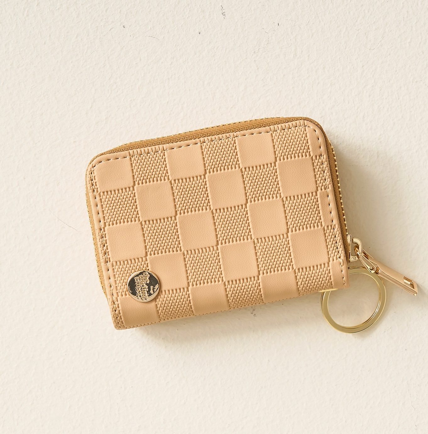 Tan Checkered Zip Around Wallet