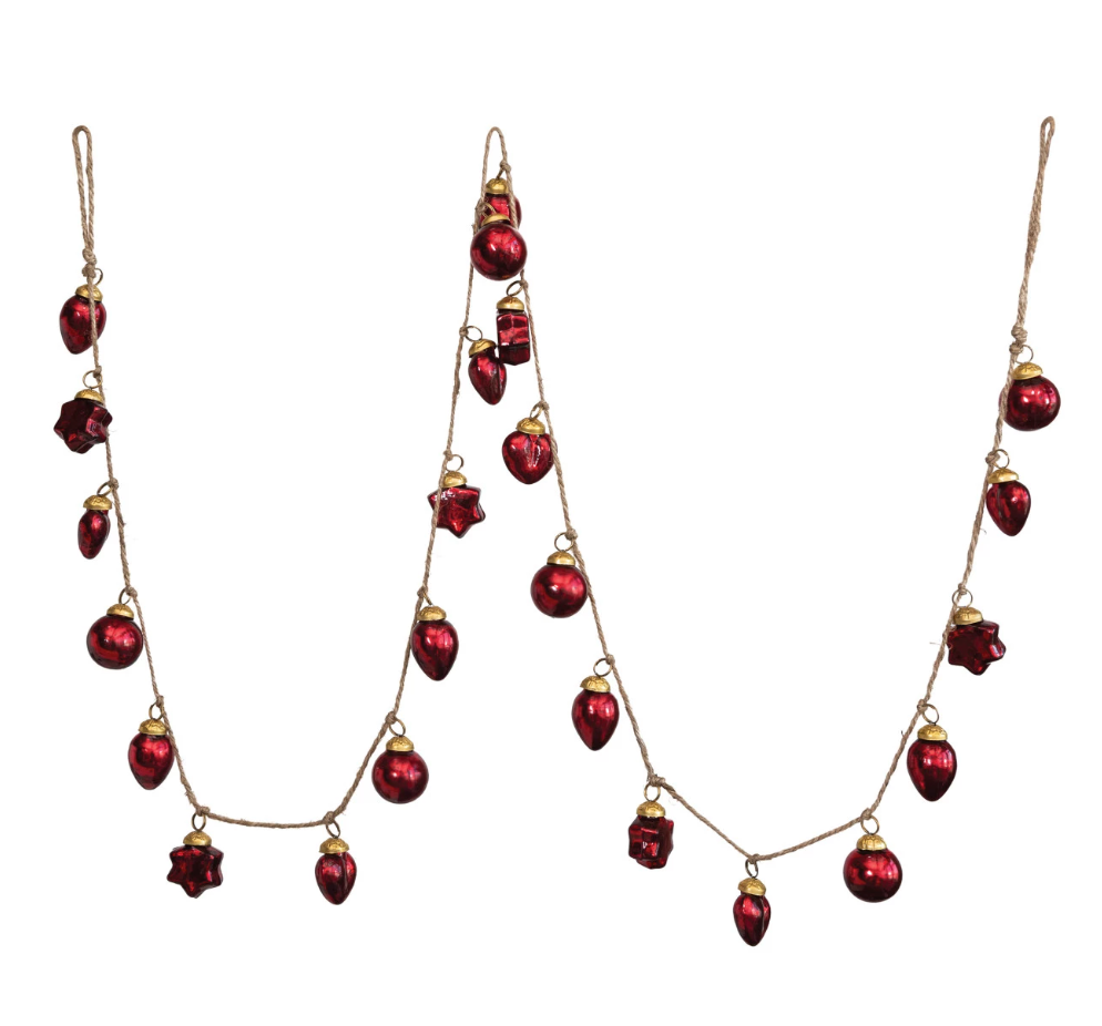 72"L Mercury Glass Ornament Garland with Gold Cord - Red