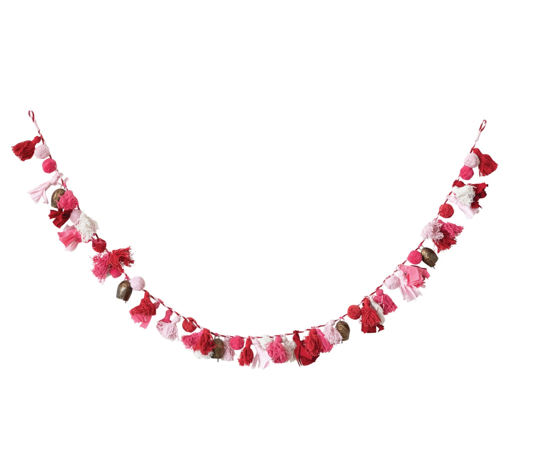 72"L Handmade Recycled Cotton Tassel & Bell Garland