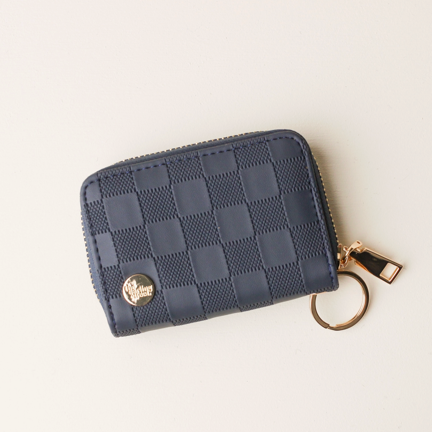 Navy Check Zip Around Wallet