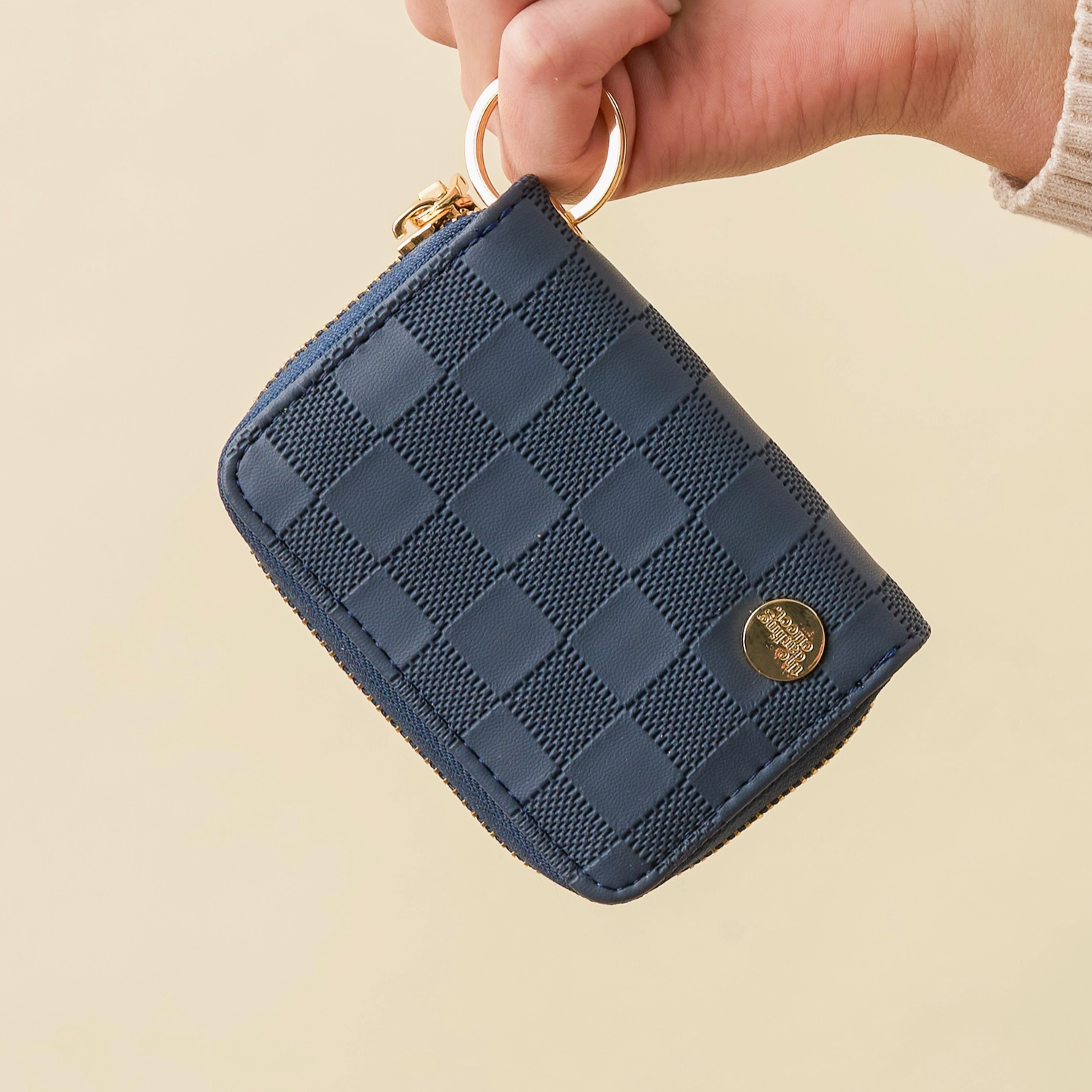Navy Check Zip Around Wallet