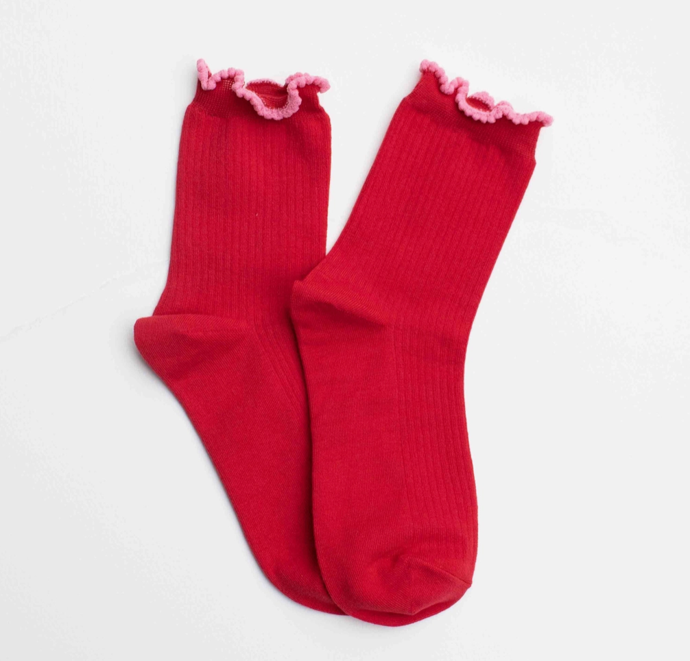 Ruffle Edge Cotton Blend Socks - Red & Pink
