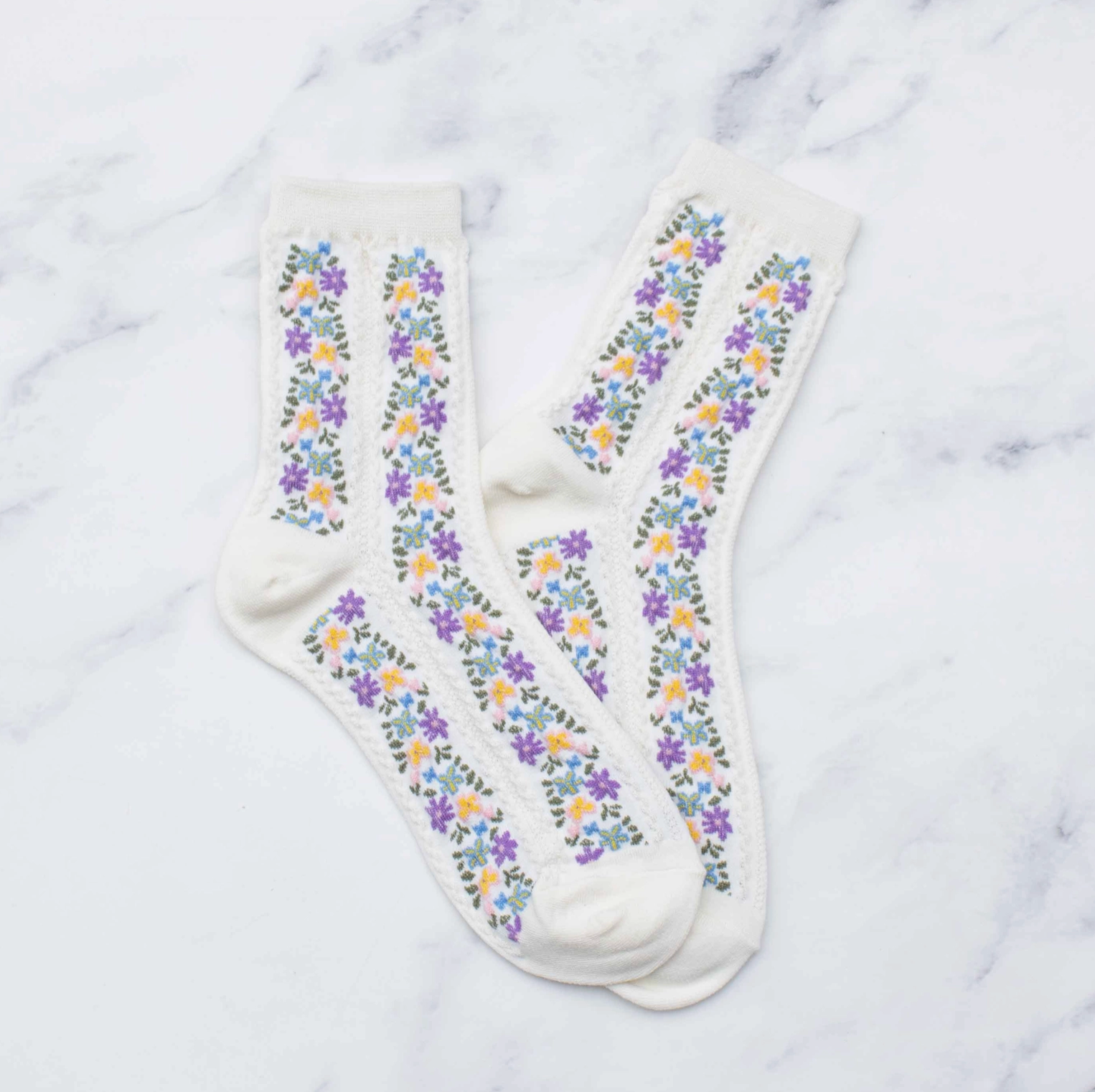 White & Purple Floral Socks