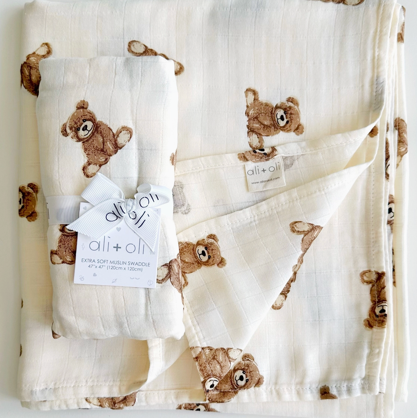 Bamboo Muslin Swaddle Baby Blanket - Teddy Bear