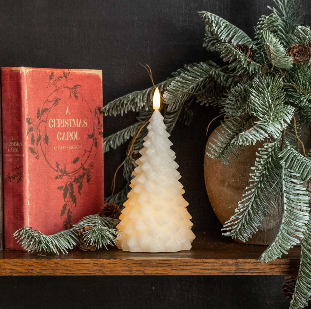 7.5" Cream Shimmer 3D Flame Fir Tree Candle