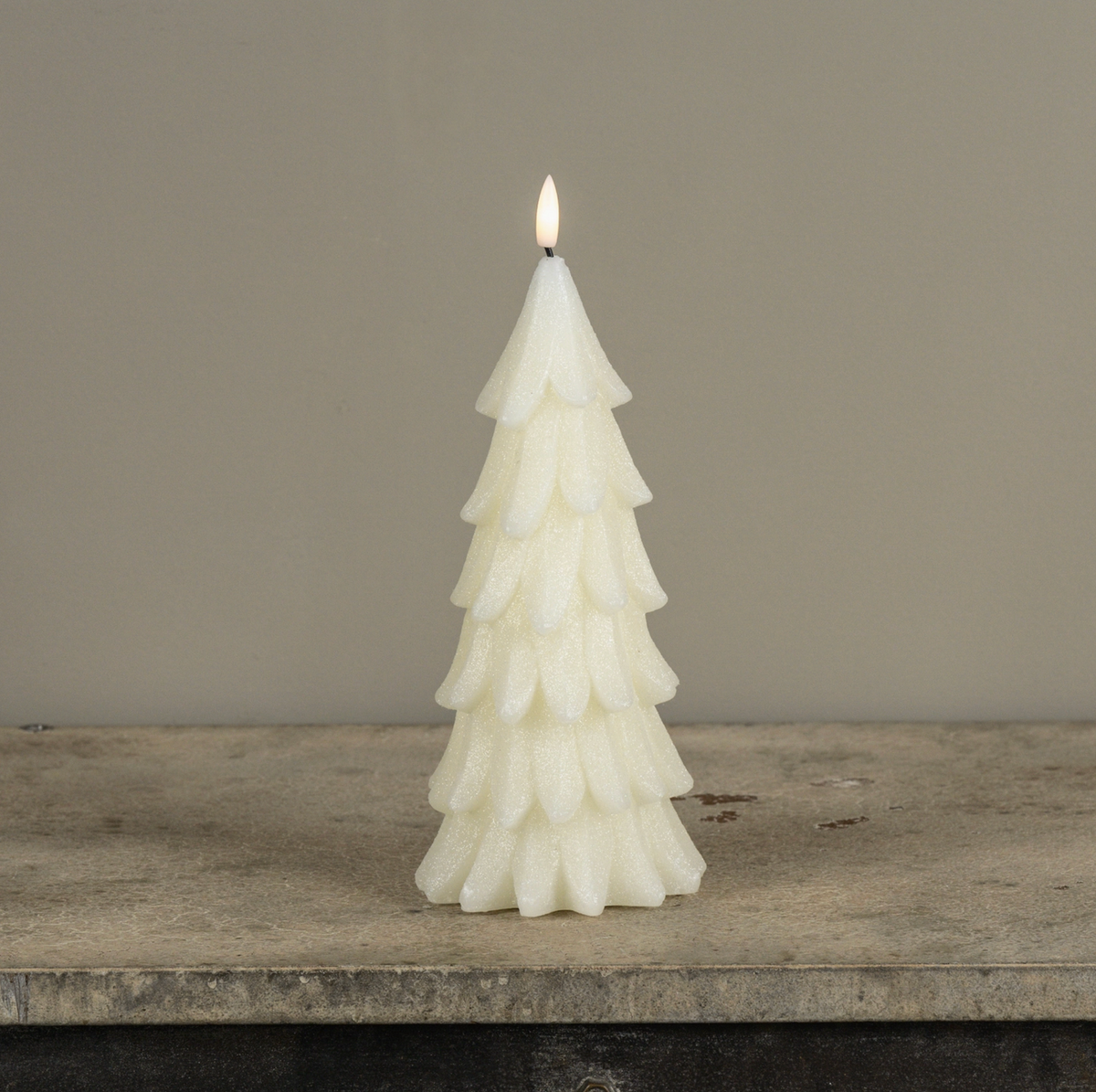 9.25" Cream Shimmer 3D Flame Alabaster Pine Tree Candle