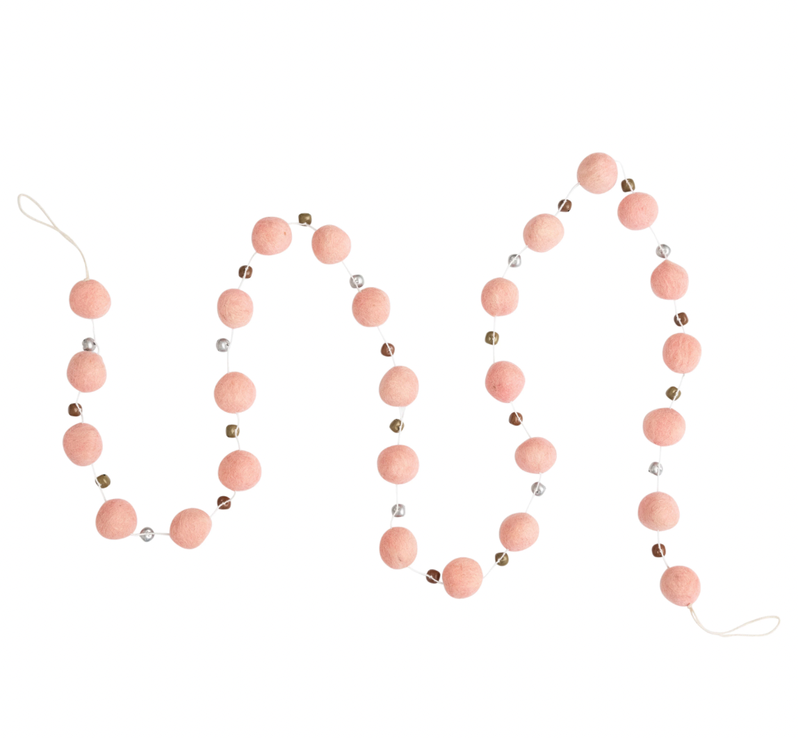 Wool Felt Ball Garland with Jingle Bells - Pink