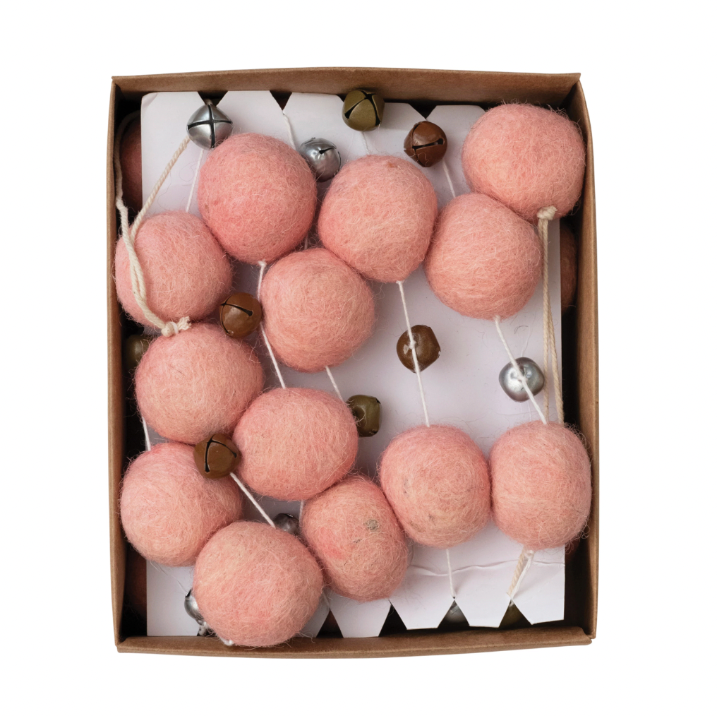 Wool Felt Ball Garland with Jingle Bells - Pink
